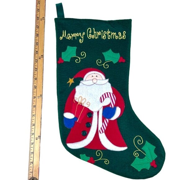 Santa Claus Green Velour Christmas Holiday Stocking Embroidered Applique 16" - Picture 6 of 9